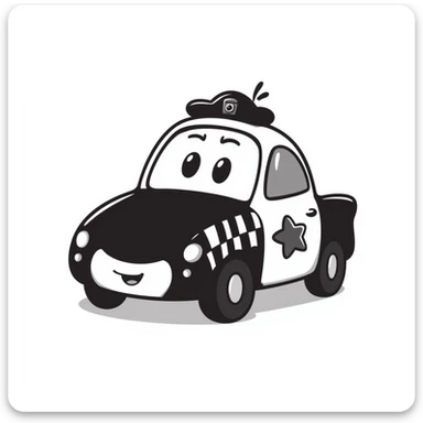 A hand-drawn police car with a determined, friendly face and a police hat sticker