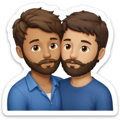 Two men kissing, one with a beard and a brunette with short hair and another with brown and wavy hair and a beard sticker
