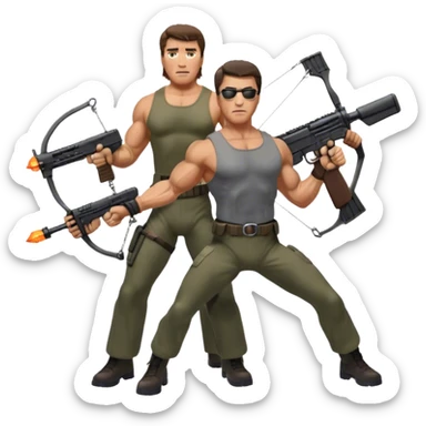 Icon for Action Movies: Schwarzenegger as John Matrix in Commando and Stallone as John Rambo in Rambo, both in iconic action poses with weapons, intense expressions, and explosive backgrounds. Powerful and dynamic with dramatic lighting. Transparent background. sticker