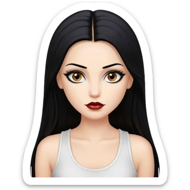 White woman with a white tank top long black hair glossy middle part straight long hair vamp look  brown eyes eyeliner winged with lashes top and bottom white border big lips black eyebrows sticker
