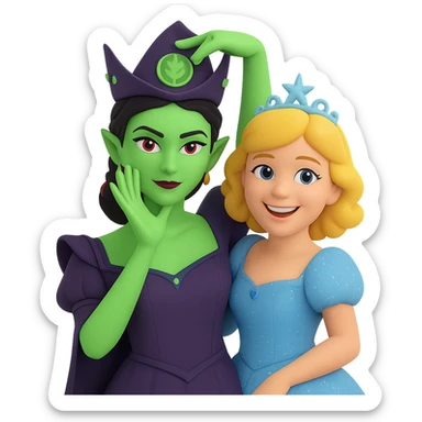 Add Glinda beside Elphaba, both in the Ozdust Ballroom scene, Glinda smiling. The style should resemble 3D emoji style with transparent background. sticker