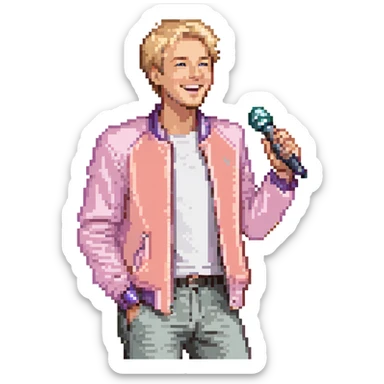 Pixel art style, expressive male performer, Caucasian features, short sandy blonde hair, lively eyes, wide cheerful smile, wearing a coral violet jacket over white tee, tossing a microphone in one hand, waist-up, front-facing sticker