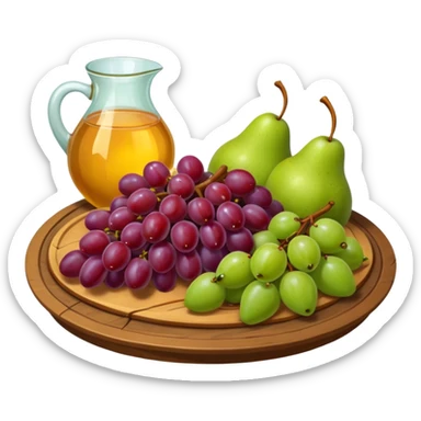medieval fruit platter object icon, grapes apples pears, rustic plate, small honey drizzle, cozy medieval vibe, 3D cartoon, mobile game icon style, clean background, no text, no watermark
 sticker