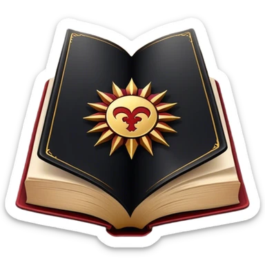 Un libro negro mate con detalles en dorado profundo o rojo oscuro, irradiando una sombra poderosa, con un símbolo, y una ligera aura de calor, reflejando el poder de vivir sin miedo.  sticker