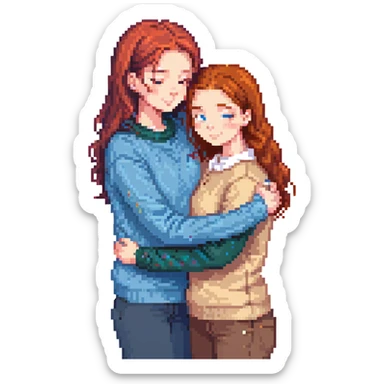 A red-haired girl in a beige blouse hugging a brunette in a blue sweater, warm colors sticker