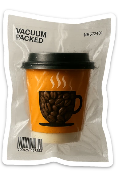 Add coffee beans inside the vacuum-sealed coffee cup with steam, keep the vacuum-sealed style, transparent background. sticker