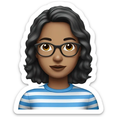 Woman with long dark brown hair, glasses, freckles and a blue and white striped shirt sticker