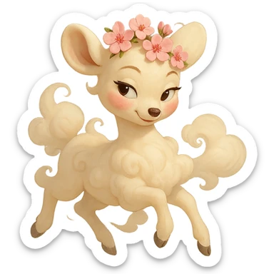 elegant feminine vanilla cloud doe with rosy cheeks and cherry flowers on its head, floating gracefully, Pixar art style, confident charming subtly alluring tasteful family-friendly sticker