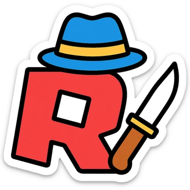 Roblox Murder Mystery logo with stylized R, knife and detective hat, color outline style sticker