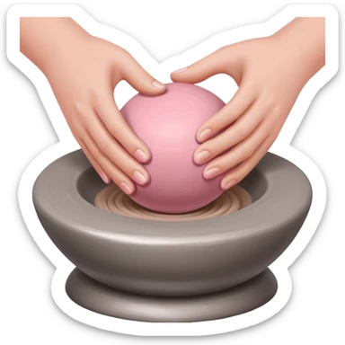 two hands kneading a pink ball of clay over a silver pottery wheel without the clay touching the wheel sticker