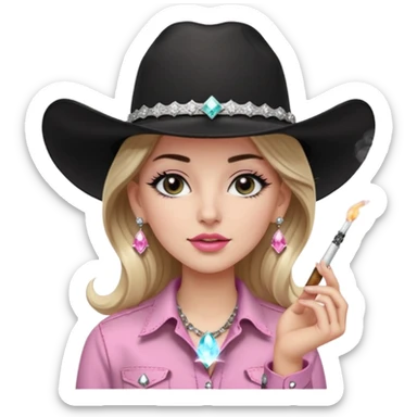 White girl, long black eyelashes, black cowboy hate with hat band sparkling, long light brown straight hair, pink and black western shirt, smoking a joint,  big white diamond stud earrings sticker