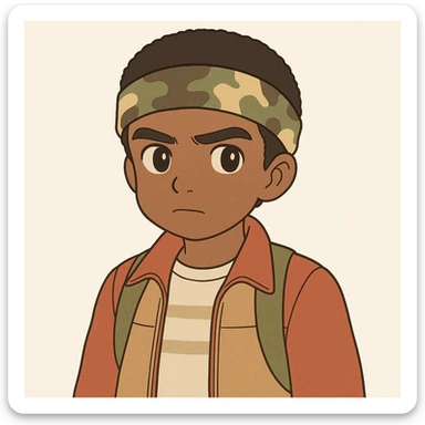 Create a character of Lucas Sinclair from Stranger Things inspired by the provided reference image. Use a simple line style with thick outlines, colored in light pastel tones, in the Ghibli style. Format the image in a 1:1 aspect ratio. sticker
