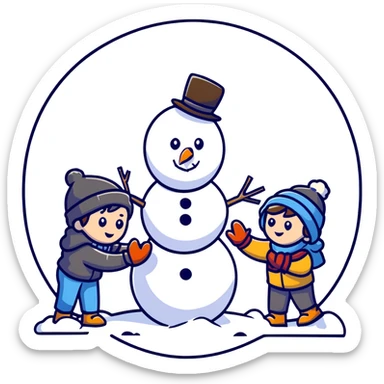 kids building a snowman, cartoonish and fun sticker