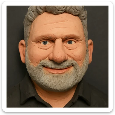 Claymation portrait of the user's face with an even larger forehead, friendly and confident facial expression, background in anthracite color, slightly different perspective. sticker