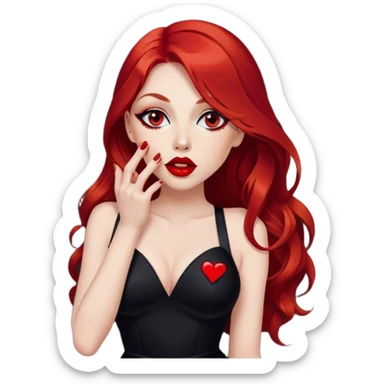 a pretty woman with long red hair and red eyes. The woman wear a black little cutted dress. She have red lipstick and she have a seductive look. She send a kiss sticker