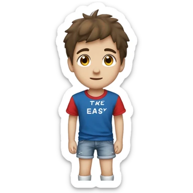 A boy with Brown hair, blue/gray eyes, blue t-shirt with a japaneese flag a jeans short and jordands, under da boy is a text that say´s take it easy sticker