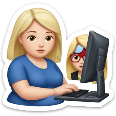 A girl helping a really fat man on the computer sticker
