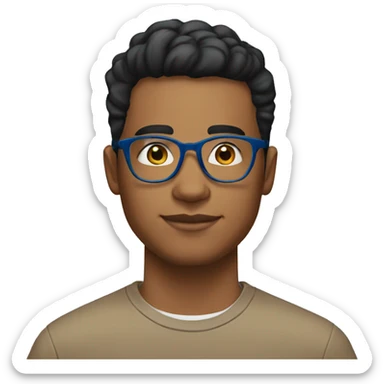 23 year old, brown man, black hair taper fade haircut, clear glasses, wide head, blue shirt sticker