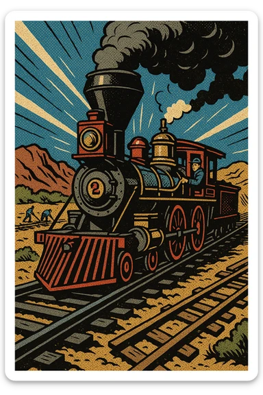 A steam train engine on the Transcontinental Railroad in the American West in the 1860s with the railroad tracks being built in the background sticker