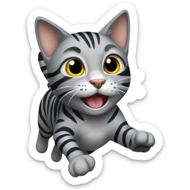 Gray cat with black stripes jumping  sticker