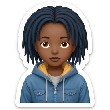 make a black girl with short black locs wearing a denim hoodie with black sleeves sticker