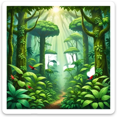 Cinematic Realistic Rainforest Emoji, Lush and vibrant, filled with towering trees, thick vines, and dense green foliage, sunlight filtering through the canopy above, creating dappled patches of light on the rich, diverse undergrowth. The air is heavy with moisture, with mist rising from the forest floor and distant calls of exotic birds and animals echoing through the trees. Soft glowing outline, capturing the essence of a thriving, untamed tropical paradise filled with life! sticker