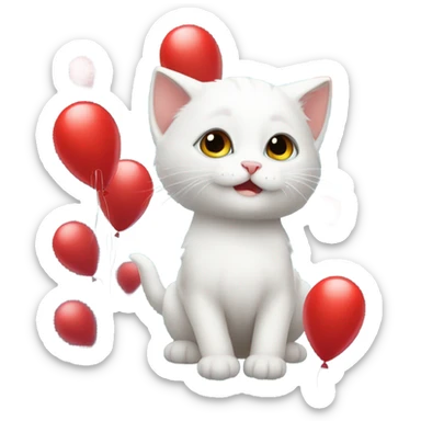 small white kitten and red balloons sticker