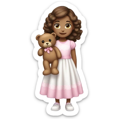 Little Girl White, black eyes.  brown hair  She is wearing a pink and White dress, standing and holding on to a teddy bear. sticker