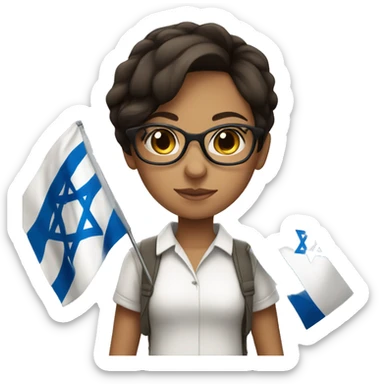 Brunette girl with glasses and short hair holding Israeli flag  sticker