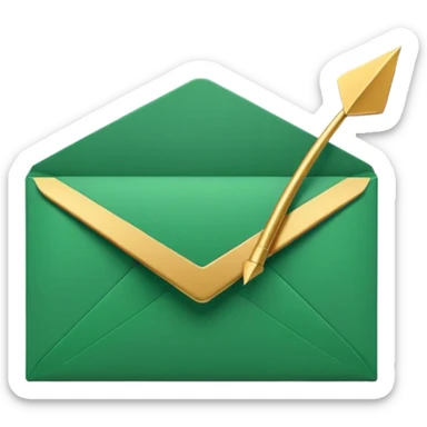 3D minimal envelope icon slightly open with subtle upward arrow coming out, matte finish, deep green (#0B3D2C), gold (#C9B037) arrow accent, Apple style, ultra sleek and clean, soft shadow, transparent background sticker
