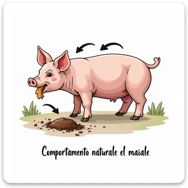 educational illustration realistic of a pig eating both leftovers and feces, diagram with arrows indicating behavior, Italian text 'Comportamento naturale del maiale', 4K quality sticker