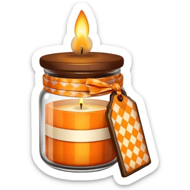 Brown jar with an orange checkered ribbon and candle in it sticker