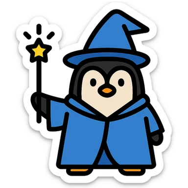 a penguin wizard with a blue robe and a glowing wand, modern vibrant icon style sticker
