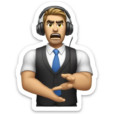 Angre sales agent making a sales call wearing a headset angry face sticker