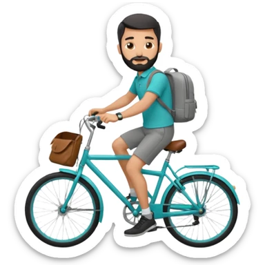 a man with a grey backpack and a torquoise byciycl and he has black shot=rt man hair and a beard with a polo grey shirt and dress pants and hes riding it with pants remeber sticker