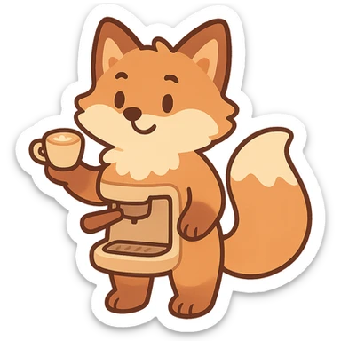 soft pastel style, soft fluffy fox as a coffee maker holding a tiny latte cup, brown and beige tones, full-body sticker