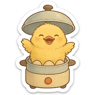 soft yellow fluffy chibi chick big smile emerging from lid of egg cooker full-body sticker