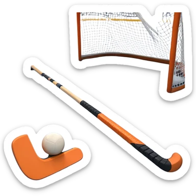 A ball and hockey stick resting on an ice rink, with the goalposts and clear markings in the background. The scene captures the unique nature of field hockey with a ball on ice, emphasizing the speed and precision of the sport in a cold, competitive atmosphere. sticker