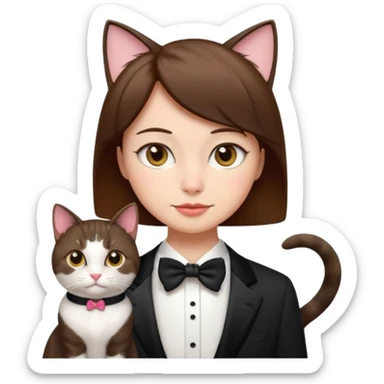 slightly more feminine woman with short brown hair and a tuxedo cat, emoji style sticker