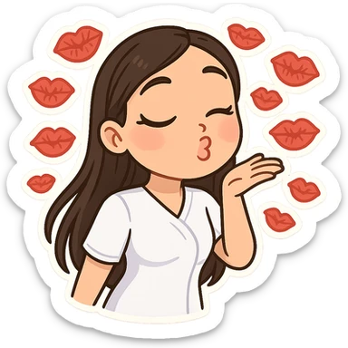 3D chibi bitmoji style sticker of the girl from the reference image, with long dark hair and wearing a white medical top, kissing the viewer, surrounded by lots of kiss marks, with a white outline and transparent background. sticker