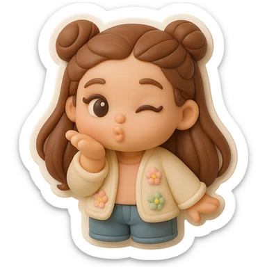 3D chibi fondant cake art style, high-quality rendering with smooth shadows and soft gradients. Girl based on reference image with long brown hair in two space buns, brown eyes, jeans, pastel floral cardigan, thick white outline like a sticker, transparent background. Blowing a kiss and winking. Ensure the face and hairstyle match the reference exactly. sticker