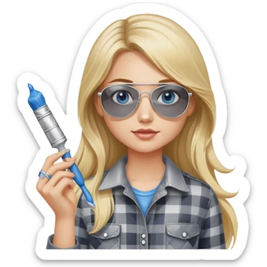 girl with long blond hair, wearing grey plaid shirt with blue eyes and aviator sunglasses wearing a ring on her silver necklace, holding a paint brush roller with a small bit of paint on her face sticker