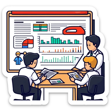 Emergency medical team in a committee meeting with charts and funding documents sticker