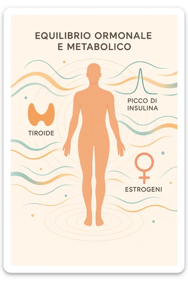 Il corpo è circondato da simboli delicati e bilanciati che rappresentano equilibrio ormonale e metabolico: piccoli cerchi, flussi energetici colorati, simboli stilizzati di tiroide, picco insulina, estrogeni. 4k immagine in italiano sticker