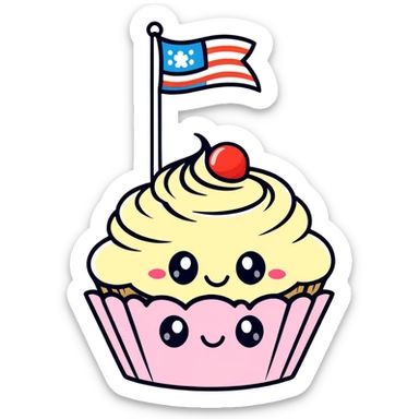 A pastel-colored cupcake with big eyes and a smile holding a flag that says ‘Sweetest girl ever! sticker