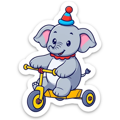 Comical gray elephant wearing a clown hat riding a small colorful tricycle sticker