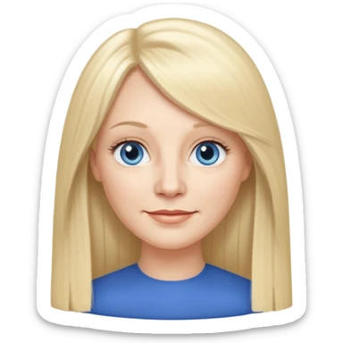 50 yr old white woman, curtain bangs, very long straight blond hair, oval face, small smile, blue eyes, thin face, hair downback, hair parted at center of head, round cheeks, pale, longer hair sticker