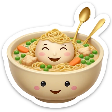 light beige ceramic bowl with homey feel filled with golden broth spiraled noodles chicken chunks carrots peas bowl with happy cozy face closed smiling eyes blush steam rises musical notes spoon tucked in sparkles add warmth around bowl sticker