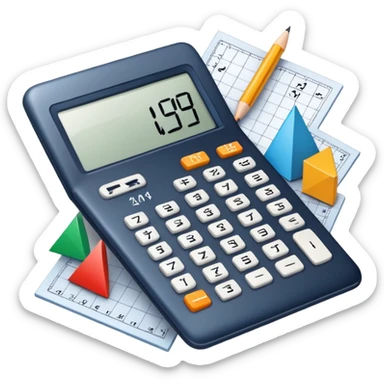 An icon featuring mathematical formulas, a calculator, and geometric shapes, symbolizing mathematics. The design includes numbers, a ruler, and a compass, representing the study of numbers, logic, and equations. Transparent background highlights the science of calculation and analysis sticker
