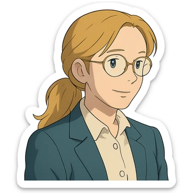 profesora rubia de pelo largo recogido, piel clara, estilo ghibli, con gafas sticker